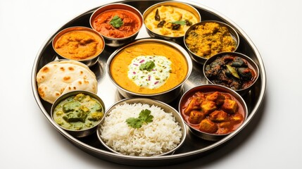 A colorful Indian thali featuring small servings of different curries, rice, raita, and naan bread, all beautifully arranged on a round metal platter with a white backdrop.