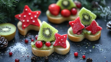 Fototapeta premium Christmas-themed fruit sandwiches with red and green fruits like strawberries and kiwis, shaped into festive trees and stars.