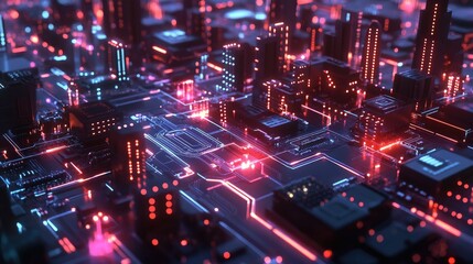 Fototapeta premium A concept of a digital network represented by glowing circuits and pathways connecting different devices, with a futuristic design and a clean tech environment.