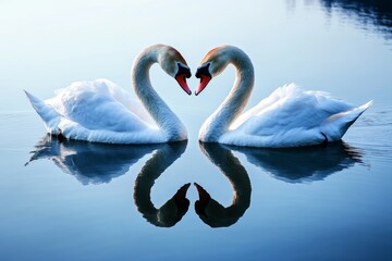 A pair of swans forming a heart shape with their necks, symbolizing love and grace as they float on a serene lake