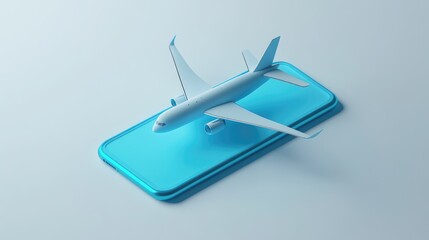 A white airplane model rests on a blue smartphone against a white background.