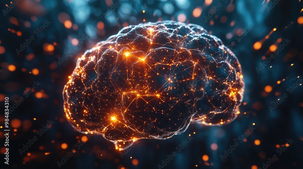 Poster a conceptual image of a 3d brain with glowing nodes and connections, representing the generation and