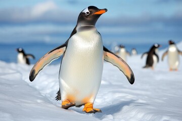 Fototapeta premium A penguin sliding down an icy slope, surrounded by snow and other penguins waddling in the distance