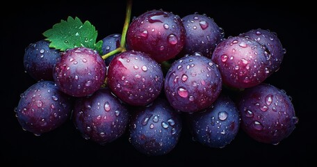 Freshly washed grapes glisten with water droplets against a dark background