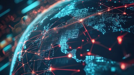 A conceptual image of a globe with interconnected digital lines and nodes, representing a global digital network, with glowing points showing connectivity across the world.