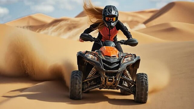 Woman riding atv in desert leaving trail of dust