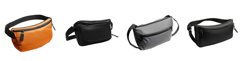 Naklejka premium A collection of four stylish bags in various colors, showcasing modern design and functionality suited for casual or urban settings.