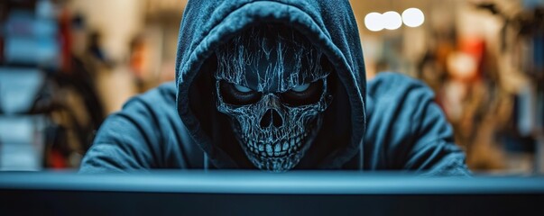 A mysterious figure in a hoodie with a skull mask, focused on a computer screen, embodying themes of technology and intrigue.
