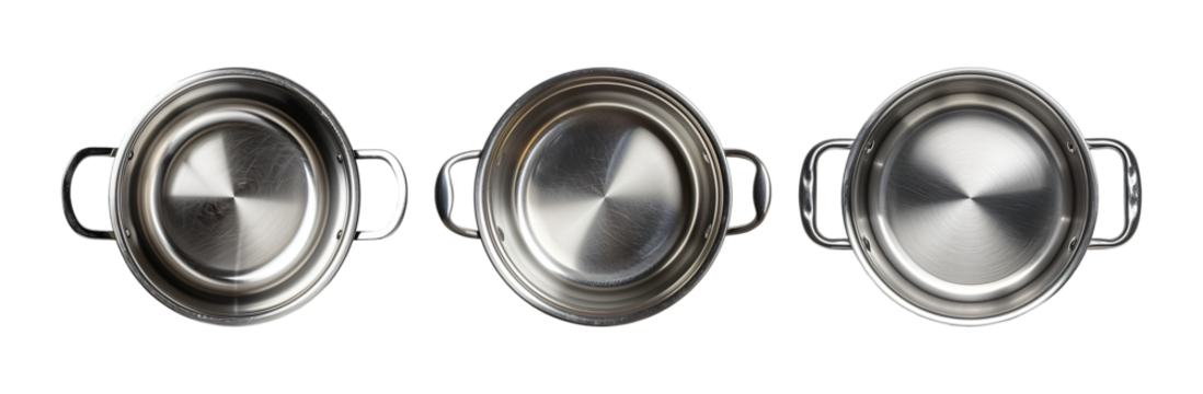 Stainless steel pots, gleaming in a row, invite culinary creations with their clean and professional appearance