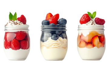 Glass jars filled with yogurt, parfaits and topped with raspberries, blueberries, strawberries, and whipped cream
