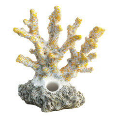 Obraz premium Artificial branching coral decoration featuring a white base and yellow polyps ready for use in a fish tank environment on transparent