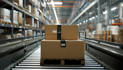 Cardboard boxes on a conveyor belt in a warehouse, representing efficient micro-fulfillment operations