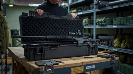 Opening a sniper rifle case in a tactical storage room