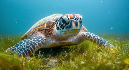 Fototapeta premium Sea turtle gliding through clear waters above vibrant seagrass at midday