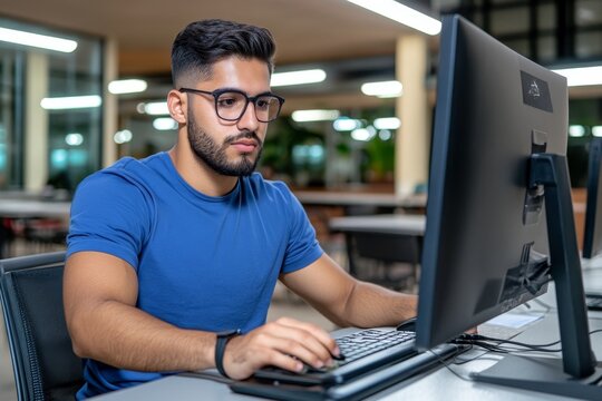 A student taking an online exam, focused on the computer screen in a quiet study environment