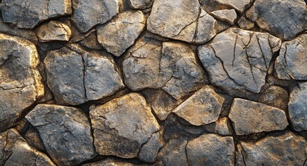 Obraz premium Close-up of a weathered stone wall showcasing various textured stones in natural shades