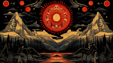 Day Meets Night, a repetitive design of nature symbols like mountains, rivers, and animals, reflecting the deep connection to the earth in Native cultures, Native American Day