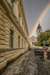 Beautiful city and street shot with St. Francis' Church. Historic city center at day. Summer...