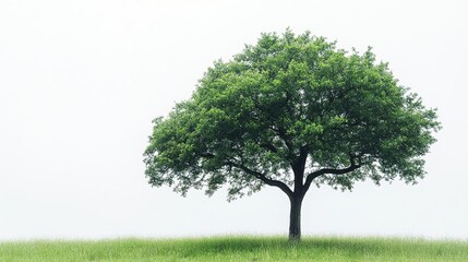 Fototapeta premium Lone tree stands majestically in a serene landscape, embodying nature's tranquility and beauty under a soft, hazy sky.