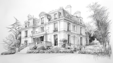 A detailed pencil sketch of a grand, multi-story house with a sloping lawn in the foreground and trees on either side.