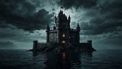 Naklejka premium Haunted castle in the middle of the sea in 4K quality.
