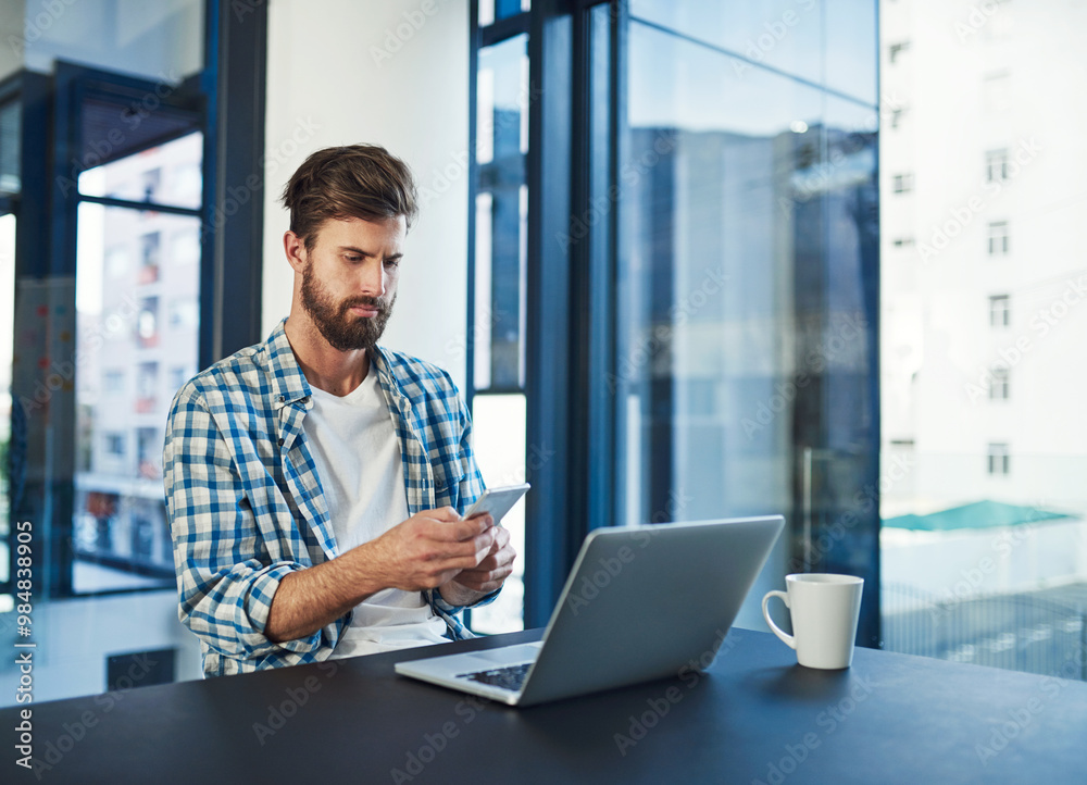 Aufkleber man, thinking and typing on cellphone for networking, communication or message in office. designer, 