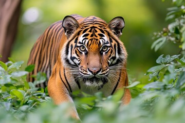 Obraz premium A wild tiger prowling through the jungle, moving gracefully through the underbrush with intense focus