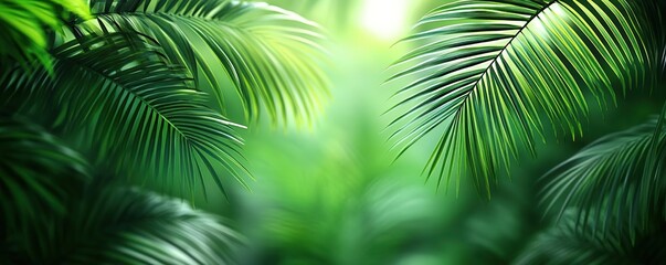 Obraz premium Lush green palm leaves create a serene tropical backdrop, evoking a sense of tranquility in nature.