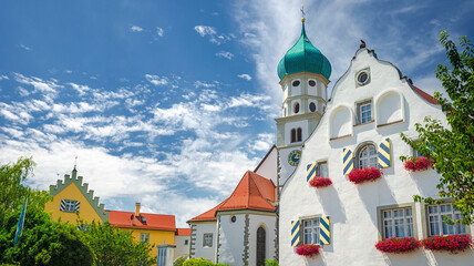 Wasserburg am Bodensee (Lake Constance) with small baroque church Saint George, Bavaria, Germany