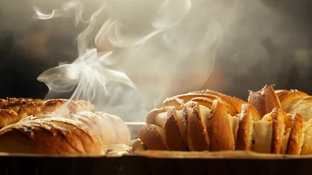 Fresh bakery on the table. Handmade bread with steam, just out of oven