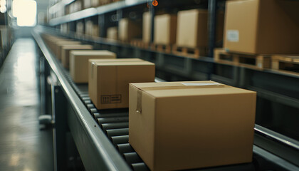 Cardboard boxes on a conveyor belt in a warehouse, representing efficient micro-fulfillment operations