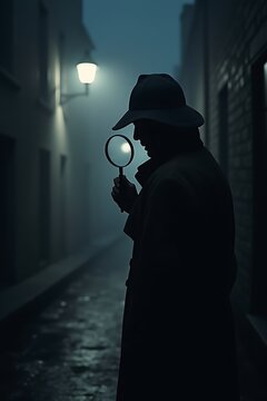 Detective with a magnifying glass in silhouette, mysterious mood, in a foggy alley