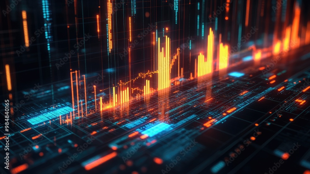Poster a digital 3d bar chart with glowing edges and deep shadows, set against a dark background, represent