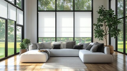 Obraz premium A modern living room featuring a spacious couch, large windows, and natural light that enhances the serene atmosphere.