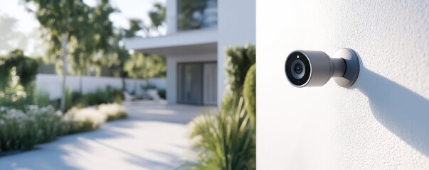 High-key 3D render of a smart security camera on a modern home exterior, showcasing advanced surveillance technology and home protection in a sleek, contemporary design.
