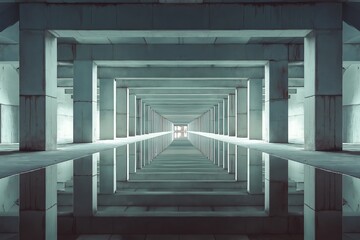 A symmetrical corridor illuminated by repetition of columns and reflections, creating a sense of depth and modern design.