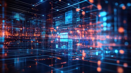 Fototapeta premium A digital interface with interconnected lines and nodes, each representing devices and data points within a vast digital network, set against a modern, tech-inspired background.