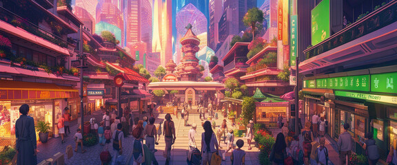 Obraz premium Street Level Illustration of Modern Fantasy City Architecture 21 by 09 0026