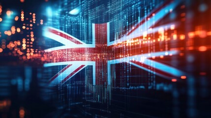 United Kingdom flag or Forex for analyzing profit finance business trend data, featuring the Union Jack amidst financial data analysis.