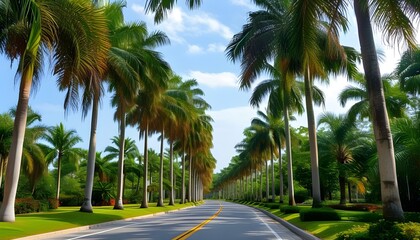 Lush palm trees lining a scenic path in a beautifully manicured landscape