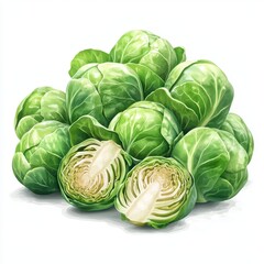 Obraz premium Fresh and vibrant Brussels sprouts, showcasing whole and cut vegetables, perfect for healthy cooking and culinary presentations, white background