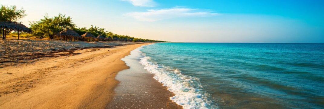 Serene Mandvi Beach in Kutch, India offers a picturesque view of the coastline, with golden sand, turquoise waters, and palm trees swaying in the breeze.  The tranquil beach is a perfect escape for re