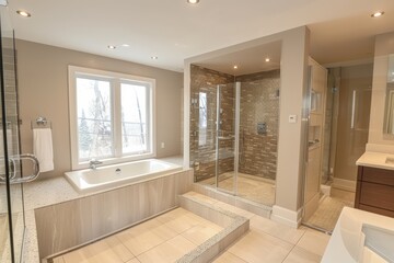 A bathroom with a large bathtub and a walk-in shower, generative ai image