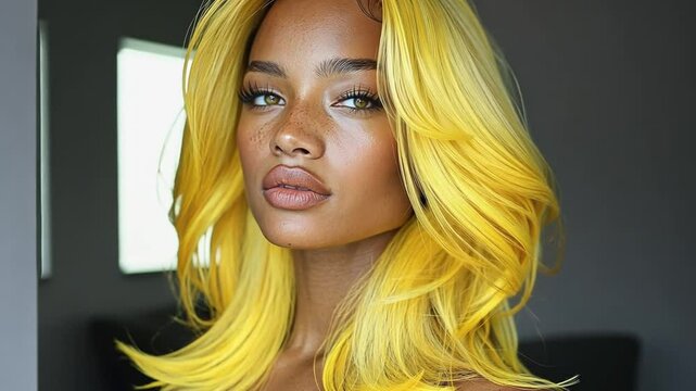 Model posing showing yellow wig hairstyle