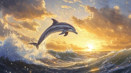 Fototapeta premium A dynamic image of a dolphin performing a high jump above the ocean waves, set against a backdrop of a sunny sky and a sparkling sea