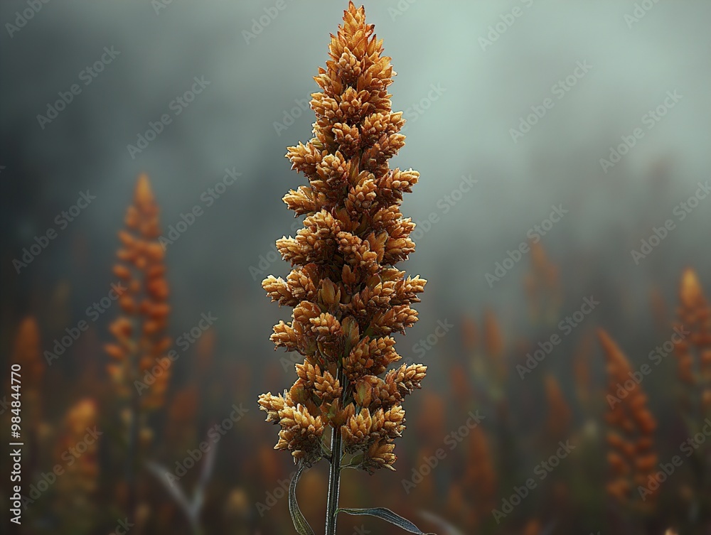 Wall mural golden flower field in fog: a close-up view