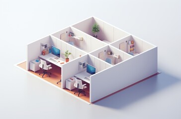 Isometric view of a minimalist office with cubicles, desks, and chairs.