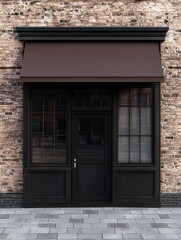 A black and brown shop front with large windows and brown awnings A black door is on the left side of an old brick building A blank wall could be used for display mockups Black fra
