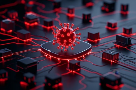 Distributed botnet controlling devices, illustrated with clean, minimalist lines showing how the virus spreads