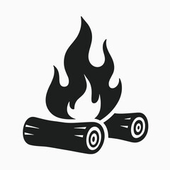 Minimalistic black and white campfire illustration with logs and flames in a simplistic design.